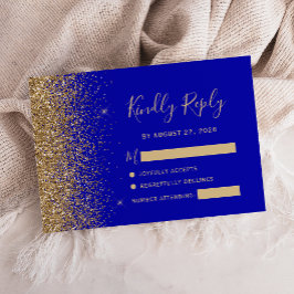 Cartão RSVP Azul Real Ouro Moderno Falso Brilho na Borda