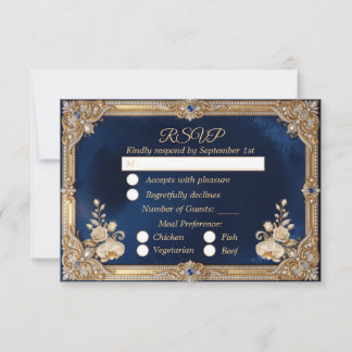 Cartão RSVP Azul Real Pérola Coroa Luxo Elegante