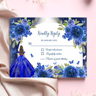 Cartão RSVP Azul Rosa Quinceanera Aniversário