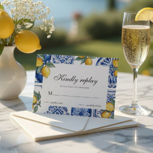 Cartão RSVP Azulejo Azul de Casamento de Limão Mediterrâneo