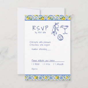 Cartão RSVP Azulejo azul de limão Mediterrâneo Escrito à mão