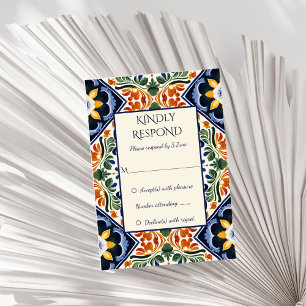 Cartão RSVP Azulejo azul Talavera vintage casamento mexicano