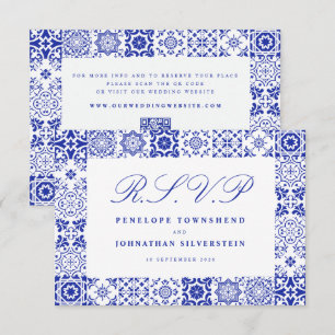 Cartão RSVP Azulejo Italiano de Casamento Azul Branco com Esti