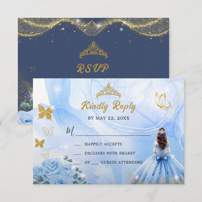 Cartão RSVP Baby Blue Dress Princess Glitter Quinceañera (Frente/Verso)