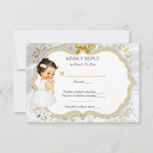 Cartão RSVP Baby Girl Baptism Christening Dourado Response Car