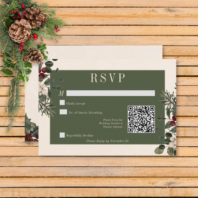 Cartão RSVP Bagas e Pinheiro Rústicos de Inverno Código QR Cas (Rustic Winter Berries & Pine Cream Wedding Response Card with QR Code)