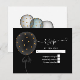 Cartão RSVP Balão de casamento com brilho preto e dourado