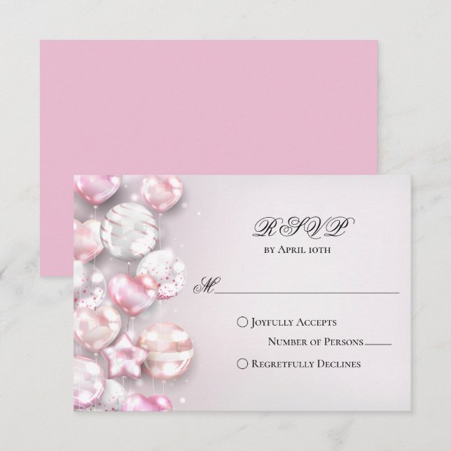 Cartão RSVP Balões Brancos Rosa Quinceañera (Frente/Verso)