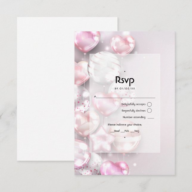 Cartão RSVP Balões Rosa e Dourado Rosa (Frente/Verso)