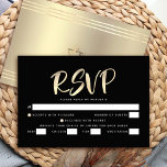 Cartão RSVP Bar Mitzvah Black Gold Escuro-Escuro-Escuro-Vareta<br><div class="desc">Tenha orgulho, alegria e mostre este marco do seu Bar favorito Mitzvah! Inclua este cartão de inserção RSVP personalizado, moderno e impressionante para o seu evento. O roteiro gráfico de caligrafia em folha de ouro cobre um fundo preto rico, dramático. Personalize o texto personalizado com a data "responder por". Personalize...</div>