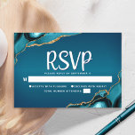 Cartão RSVP Bar Mitzvah Dourado Turquoise Ombre Agate Script B<br><div class="desc">Tenha orgulho, alegria e celebre este marco do seu Bar favorito Mitzvah com este cartão de inserção RSVP personalizado, legal, único e moderno para o seu evento! A tipografia de guião branca sobrepõe-se a um fundo azul-azul-turquesa profundo, com o agato azul-turquesa acentuado com veias douradas falsas. Personalize o texto personalizado...</div>
