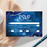 Cartão RSVP Bar Mitzvah Galaxy Blue Agate Watercolor Script<br><div class="desc">Tenha orgulho, alegria e celebre este marco do seu Bar favorito Mitzvah com este cartão de inserção RSVP personalizado, legal, único e moderno para o seu evento! A tipografia de guião branca e Estrela de David sobrepõem um fundo de aquarela de galáxia azul profunda com agato azul marinho acentuado com...</div>