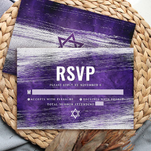 Cartão RSVP Bar Mitzvah Moderno com Folha de Prata Roxa em Aqu