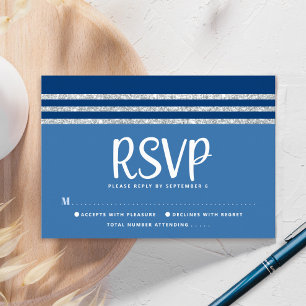 Cartão RSVP Bar Mitzvah Moderno Negrito Azul Talit Prata Scrip