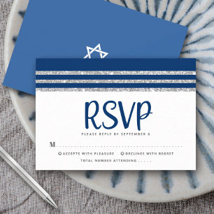 Cartão RSVP Bar Mitzvah Moderno Tallit Azul Marinho Prata Scri