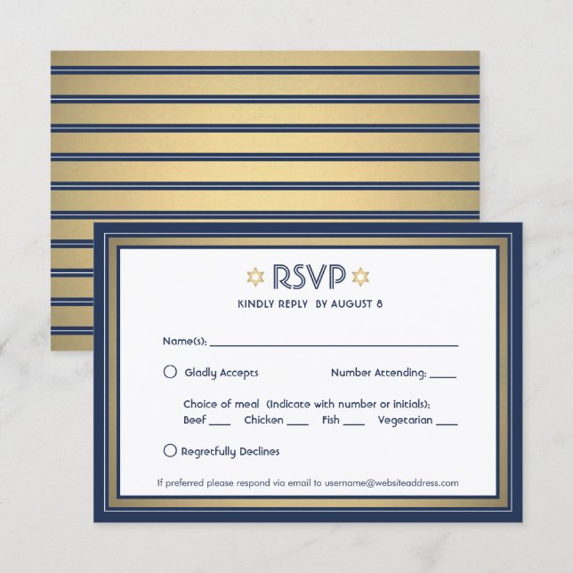 Cartão RSVP Bar Mitzvah Opções de Refeição Marinho Azul Branco (Frente/Verso)
