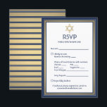 Cartão RSVP Bar Mitzvah Opções de Refeição Pedido de Música Az<br><div class="desc">Marinho de cumprimentos e convites mitzvah bar dourado com cartões de resposta RSVP elegantes. Todo texto é simples de personalizar ou excluir conforme necessário. O cartão inclui opções de refeições, alergias à comida, solicitação de música e opção de resposta via site ou email. O marinho azul, ouro e design branco...</div>