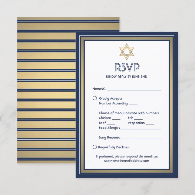 Cartão RSVP Bar Mitzvah Opções de Refeição Pedido de Música Az (Frente/Verso)