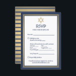 Cartão RSVP Bar Mitzvah Opções de Refeição Pedido de Música Az<br><div class="desc">Marinho de cumprimentos e convites mitzvah bar dourado com cartões de resposta RSVP elegantes. Todo texto é simples de personalizar ou excluir conforme necessário. O cartão inclui opções de refeições, alergias à comida, solicitação de música e opção de resposta via site ou email. O marinho azul, ouro e design branco...</div>