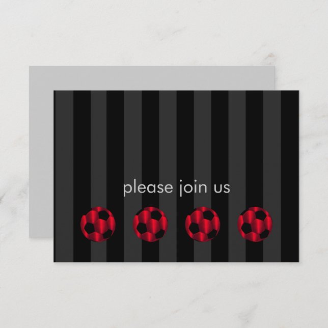 Cartão RSVP Bar Mitzvah Red e Black Soccer Ball (Frente/Verso)
