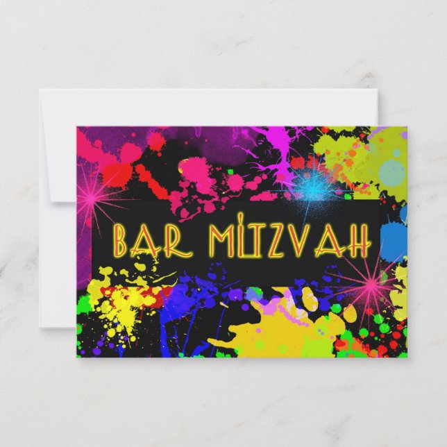 Cartão RSVP Bar Mitzvah, respingo de tinta Neon, personalizado (Frente)