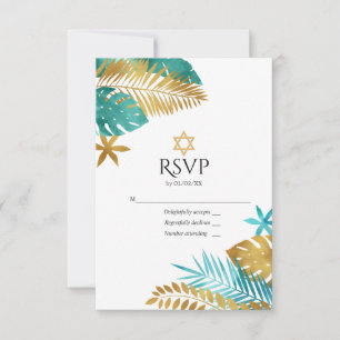 Cartão RSVP Bar Mitzvah Tropical em Azul Turquesa e Dourado