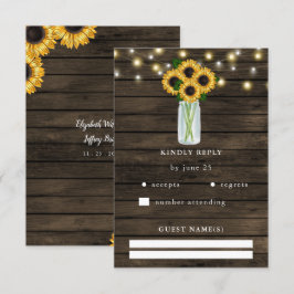 Cartão RSVP Barn Wood String Luzes Sunflower Casamento