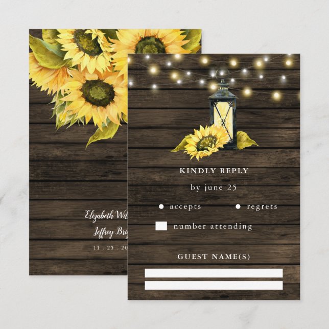 Cartão RSVP Barn Wood String Luzes Sunflower Casamento (Frente/Verso)