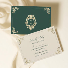 Cartão RSVP Barroco Verde Esmeralda Dourado Casamento