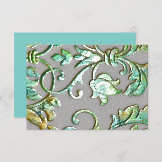 Cartão RSVP Bat Mitzvah Aqua Green Dourada e Cinza Damask (Frente/Verso)