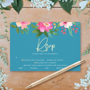 Cartão RSVP Bat Mitzvah Azul Floral Aquarela Rótulo Dourado