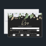 Cartão RSVP Bat Mitzvah Black Dourado Script Watercolor Floral<br><div class="desc">Tenha orgulho, alegria e comemore este marco do seu Bat Mitzvah favorito com este sofisticado e personalizado cartão de inserção RSVP para o seu evento! Uma aquarela floral chica, atordoante, branca e dourada com falso guião de folha de ouro e serifa branca sobrepõe-se a um fundo preto dramático. Flores aquarelas...</div>