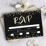 Cartão RSVP Bat Mitzvah Black Gold Foil Glitter Entrée<br><div class="desc">Tenha orgulho, alegria e mostre este marco do seu Bat Mitzvah favorito! Inclua este cartão de inserção RSVP personalizado, moderno e impressionante para o seu evento. Escrito gráfico de caligrafia de folha de ouro e confete sobrepõem um fundo preto, rico e dramático. Personalize o texto personalizado com a data "responder...</div>