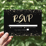 Cartão RSVP Bat Mitzvah Black Gold Foil Glitter Script Moderno<br><div class="desc">Tenha orgulho, alegria e mostre este marco do seu Bat Mitzvah favorito! Inclua este cartão de inserção RSVP personalizado, moderno e impressionante para o seu evento. Escrito gráfico de caligrafia de folha de ouro e confete sobrepõem um fundo preto, rico e dramático. Personalize o texto personalizado com a data "responder...</div>