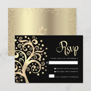 Cartão RSVP Bat Mitzvah Black Gold Tree - Escritura da Vida