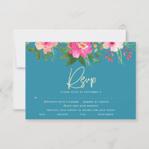 Cartão RSVP Bat Mitzvah Blue Floral Watercolor Script Dourado