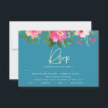 Cartão RSVP Bat Mitzvah Blue Floral Watercolor Script Dourado<br><div class="desc">Tenha orgulho, alegria e comemore este marco do seu Bat Mitzvah favorito com este sofisticado e personalizado cartão de inserção RSVP para o seu evento! Uma aquarela floral, cor-de-rosa e pêssego, impressionante, com uma tipografia falsa de folha de ouro e uma serifa branca moderna sobrepõem-se a um fundo azul-azul-azul-turquesa empoeirado....</div>
