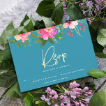 Cartão RSVP Bat Mitzvah Blue Watercolor Script Dourado Floral<br><div class="desc">Tenha orgulho, alegria e comemore este marco do seu Bat Mitzvah favorito com este sofisticado e personalizado cartão de inserção RSVP para o seu evento! Uma aquarela floral, cor-de-rosa e pêssego, impressionante, com uma tipografia falsa de folha de ouro e uma serifa branca moderna sobrepõem-se a um fundo azul-azul-azul-turquesa empoeirado....</div>