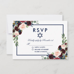 Cartão RSVP Bat Mitzvah Burgundy Blue Floral