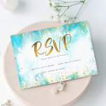 Cartão RSVP Bat Mitzvah - cor-de-água da turquesa de ouro mode<br><div class="desc">Tenha orgulho, alegria e mostre este marco do seu Bat Mitzvah favorito! Inclua este impressionante, moderno e brilhante formato de folha falsa de ouro e pontos brilhantes e script de tipografia contra um fundo de cor d'água turquesa, cartão de inserção RSVP personalizado para o seu evento. Personalize o texto personalizado...</div>