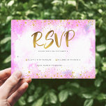 Cartão RSVP Bat Mitzvah cor-de-água rosa folha de ouro feminin<br><div class="desc">Tenha orgulho, alegria e mostre este marco do seu Bat Mitzvah favorito! Inclua este impressionante, moderno e brilhante formato de folha falsa de ouro e pontos brilhantes e script de tipografia contra um fundo de aquarela cor rosa suave, cartão de inserção RSVP personalizado para o seu evento. Personalize o texto...</div>
