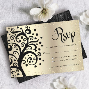 Cartão RSVP Bat Mitzvah Folha de Ouro Preto Árvore da Vida Ras