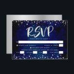 Cartão RSVP Bat Mitzvah Marinho Watercolor Silver Script Entré<br><div class="desc">Tenha orgulho, alegria e mostre este marco do seu Bat Mitzvah favorito! Inclua este cartão de inserção RSVP personalizado, moderno e impressionante para o seu evento. Escrito gráfico de caligrafia prateada e confetti sobrepõe um fundo azul marinho rico, dramático. Personalize o texto personalizado com a data "responder por" e as...</div>