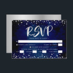 Cartão RSVP Bat Mitzvah Marinho Watercolor Silver Script Entré<br><div class="desc">Tenha orgulho, alegria e mostre este marco do seu Bat Mitzvah favorito! Inclua este cartão de inserção RSVP personalizado, moderno e impressionante para o seu evento. Escrito gráfico de caligrafia prateada e confetti sobrepõe um fundo azul marinho rico, dramático. Personalize o texto personalizado com a data "responder por" e as...</div>