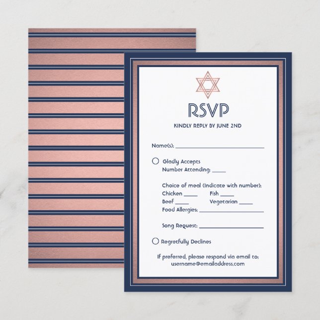 Cartão RSVP Bat Mitzvah Medium Options Song Request Blue & Pin (Frente/Verso)