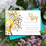 Cartão RSVP Bat Mitzvah Modern Gold Foil Blue Tree of Life<br><div class="desc">Tenha orgulho, alegria e mostre este marco do seu Bat Mitzvah favorito! Inclua esta folha de papel dourada com tartaruga cintilante, palha, púrpura e azul Estrela de David e "folhas" de ponto sobre fundo branco, placa de inserção de RSVP personalizada para seu evento. Uma pequena, azul-turquesa, estrela azul de David...</div>