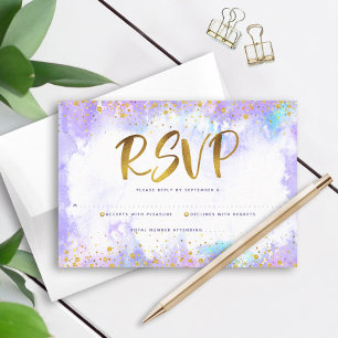 Cartão RSVP Bat Mitzvah modern gold foil purple watercolor