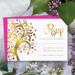 Cartão RSVP Bat Mitzvah, moderna e Dourada árvore de folhas ve<br><div class="desc">Tenha orgulho, alegria e mostre este marco do seu Bat Mitzvah favorito! Inclua esta folha de papel dourada esmaecida com cor-de-rosa cintilante, laranja e Estrela vermelha de David e "folhas" de ponto em um fundo branco, placa de inserção RSVP personalizada para o seu evento. Uma pequena estrela vermelha escura do...</div>