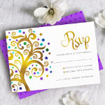 Cartão RSVP Bat Mitzvah Purple Gold Foil Tree of Life Modern<br><div class="desc">Tenha orgulho, alegria e mostre este marco do seu Bat Mitzvah favorito! Inclua esta folha de papel dourada com tartaruga cintilante, palha, púrpura e azul Estrela de David e "folhas" de ponto sobre fundo branco, placa de inserção de RSVP personalizada para seu evento. Uma pequena estrela roxa escura de padrão...</div>