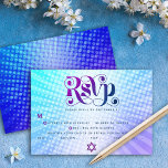 Cartão RSVP Bat Mitzvah Retro Boho Blue Purple Gradiée<br><div class="desc">Tenha orgulho, alegria e mostre este marco do seu Bat Mitzvah favorito! Inclua esta placa de inserção de boho, retrô, RSVP personalizada para o seu evento. Típica divertida, moderna, arrojada, roxa e azul marinho com a tipografia sans serif moderna sobrepõe-se a um fundo de turquesa pop-luz e de raios quadrados...</div>